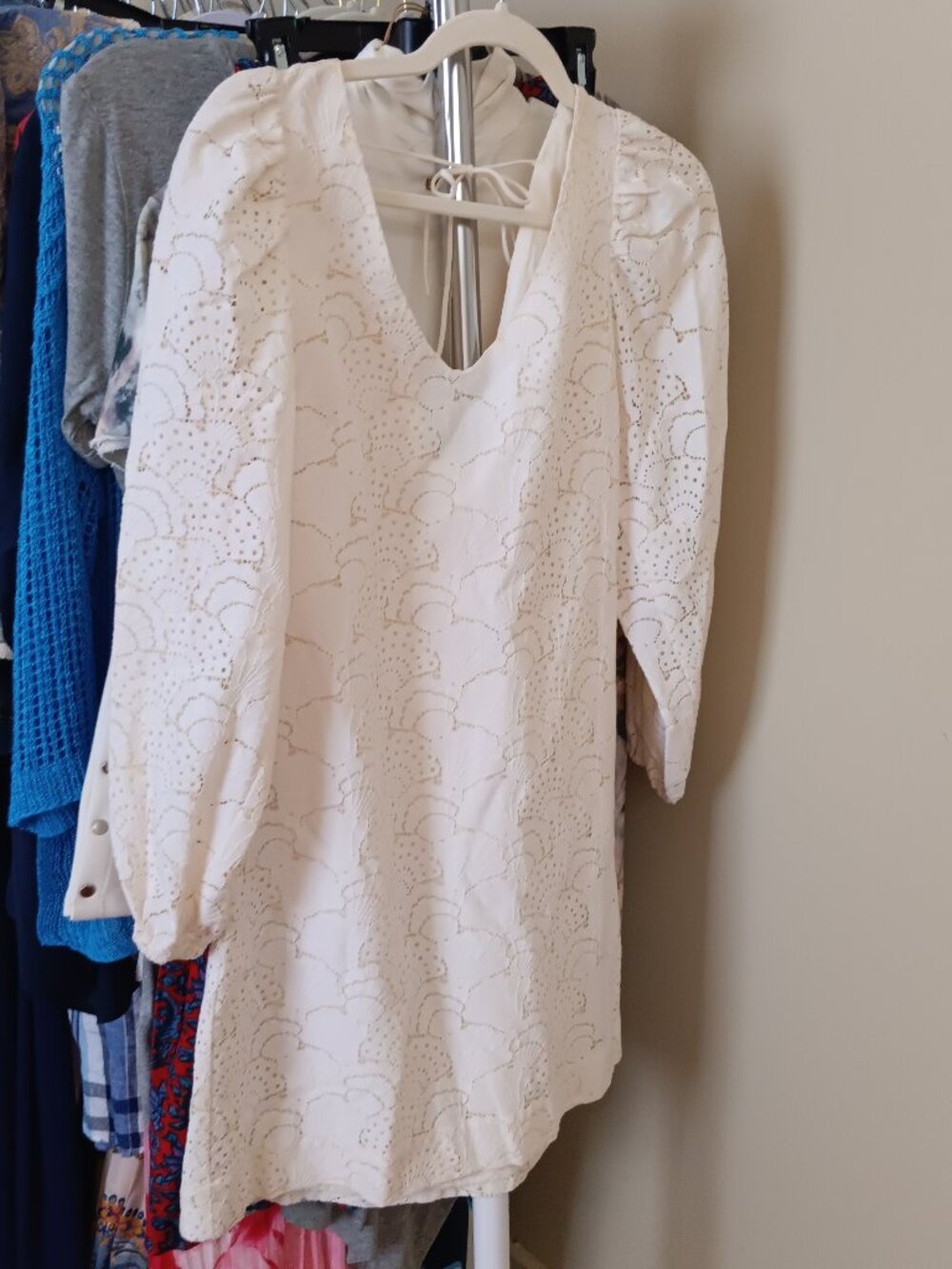 NWT Shell Design Cotton Lace Off White Mini Long Sleeve Dress Size XS